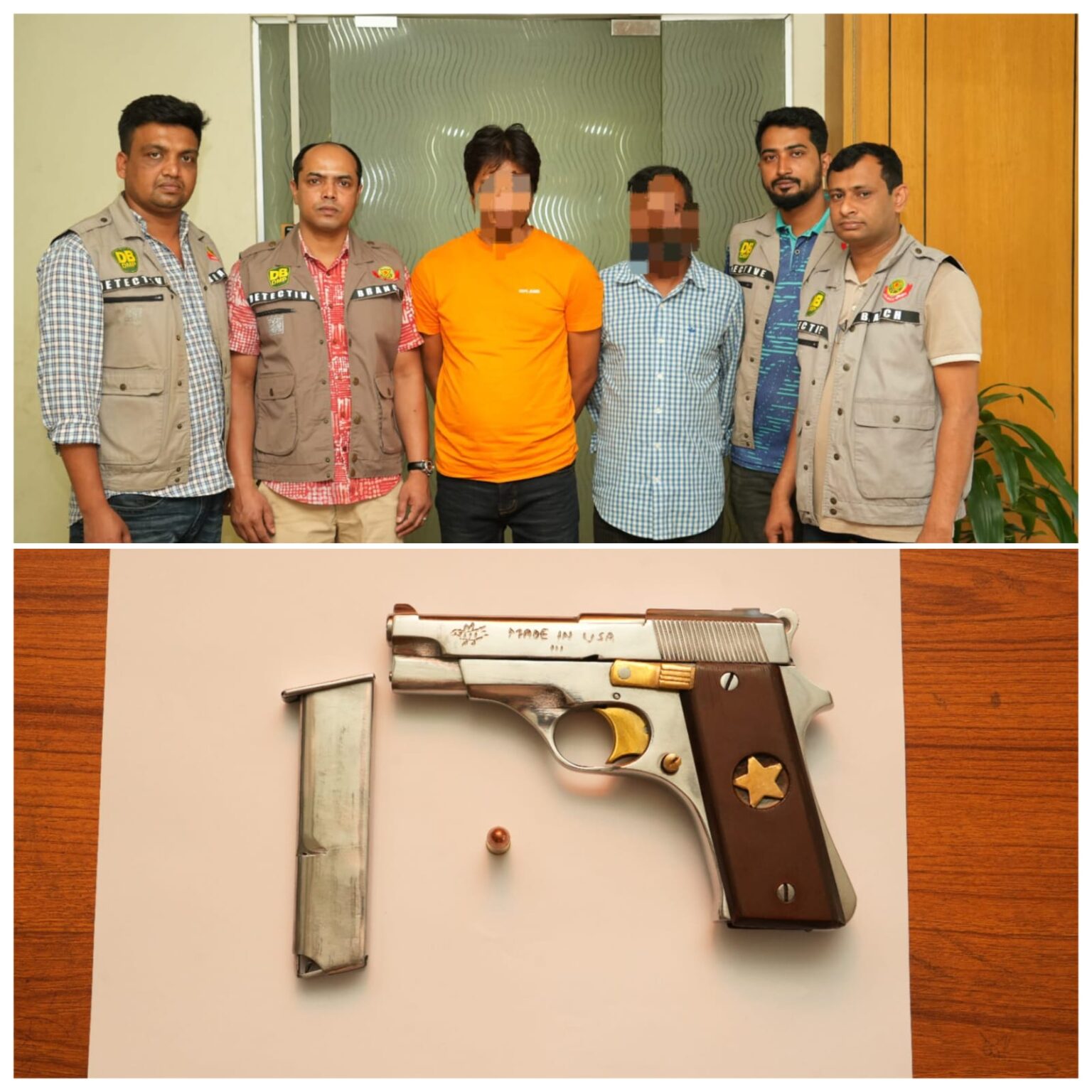 একটি বিদেশি পিস্তল, একটি ম্যাগাজিন ও এক রাউন্ড গুলিসহ দুইজনকে গ্রেফতার করেছে ঢাকা মহানগর গোয়েন্দা পুলিশ