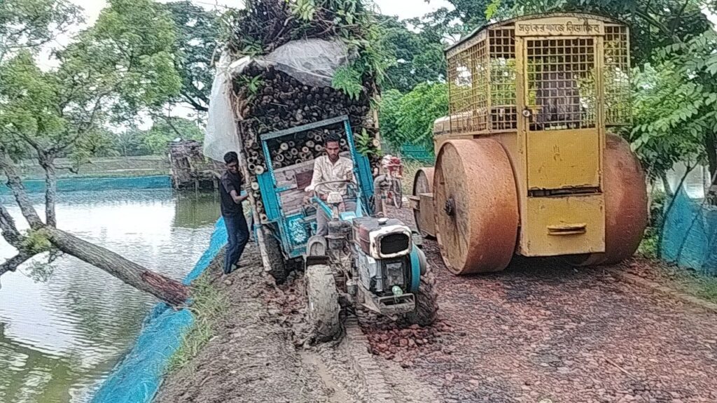 জেয়ালা–পুরাতন সাতক্ষীরা সড়ক সংস্কারকাজে নানা অভিযোগ: নরম রাস্তার পাশে কাত হলো মালবোঝাই ট্রলি